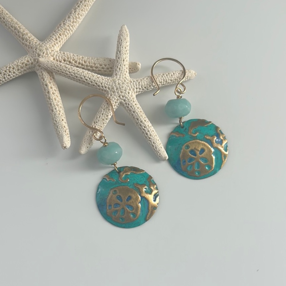 Sand Dollar Hand painted with Chrysocolla Gemstones Dangle Earrings